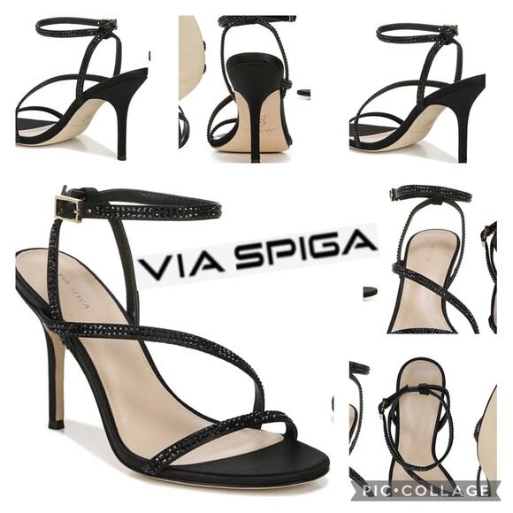 VIA SPIGA Pavlina Strappy Sandal in black satin 3.75" heel size 7